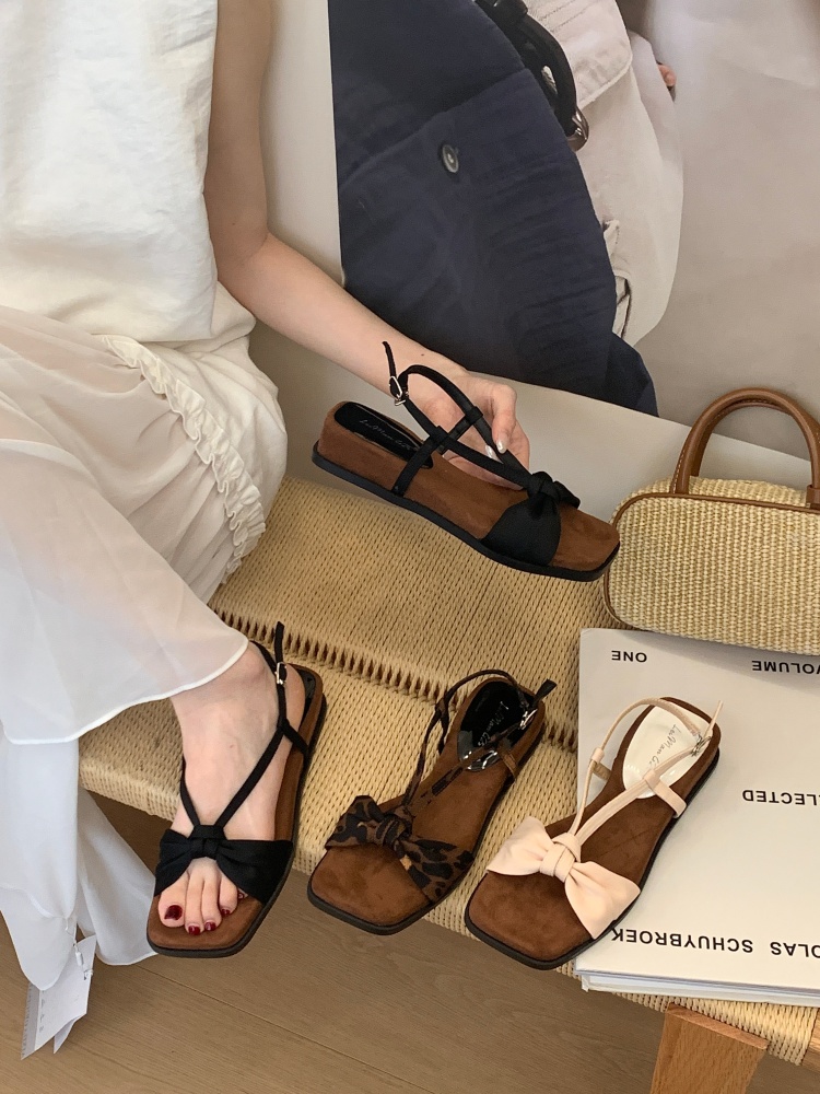 4CM Thick Sole Forest Retro Bow Sandals for Women Summer Outdoor One-Strap Soft Sole Vacation Slides
