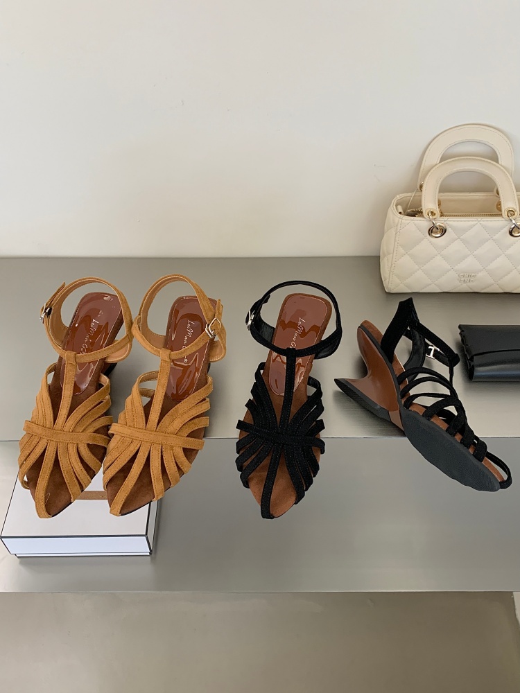 FENGDA 2026 New Summer Suede Woven Hollow Wedge Heel Sandals for Women Roman Shoes with Ankle Strap - Image 4
