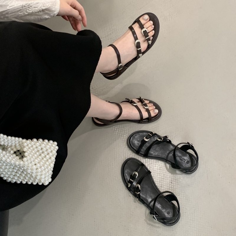 FENGDA Women's Flat Black Toe-Open Leather Roman Sandals 2025 New Summer Buckle Strap Dress Shoes