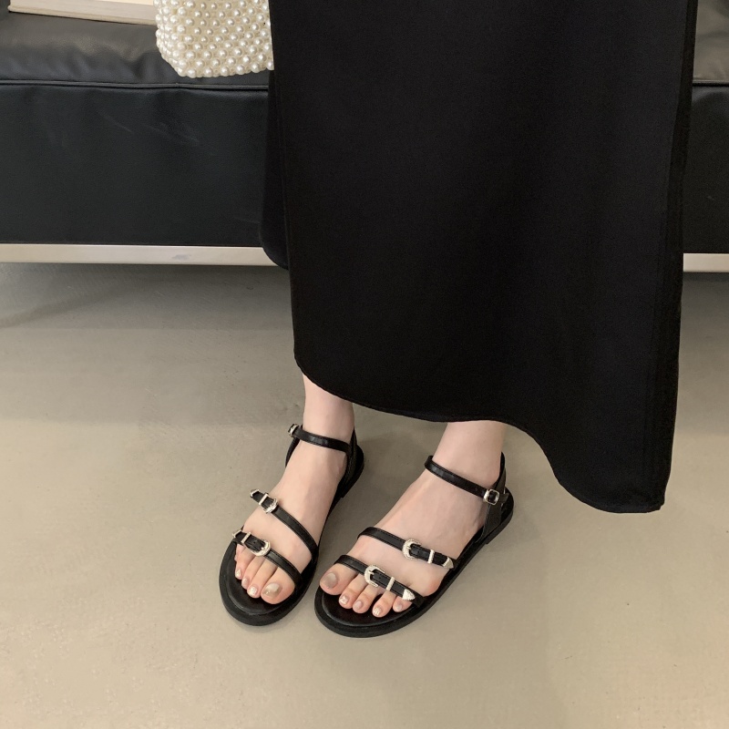 FENGDA Women's Flat Black Toe-Open Leather Roman Sandals 2025 New Summer Buckle Strap Dress Shoes - Image 2