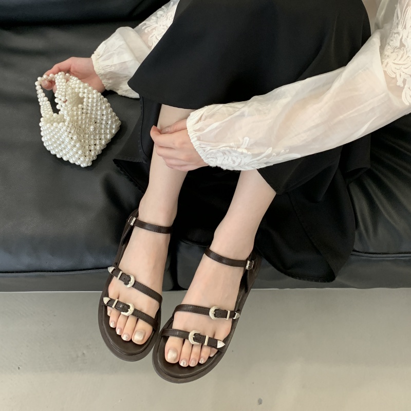 FENGDA Women's Flat Black Toe-Open Leather Roman Sandals 2025 New Summer Buckle Strap Dress Shoes - Image 3