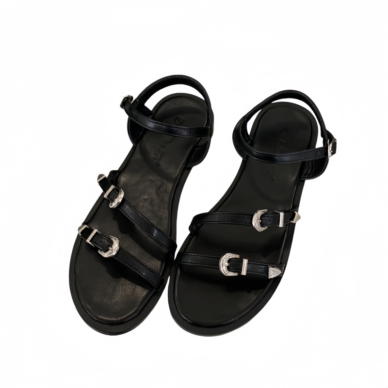 FENGDA Women's Flat Black Toe-Open Leather Roman Sandals 2025 New Summer Buckle Strap Dress Shoes - Image 5