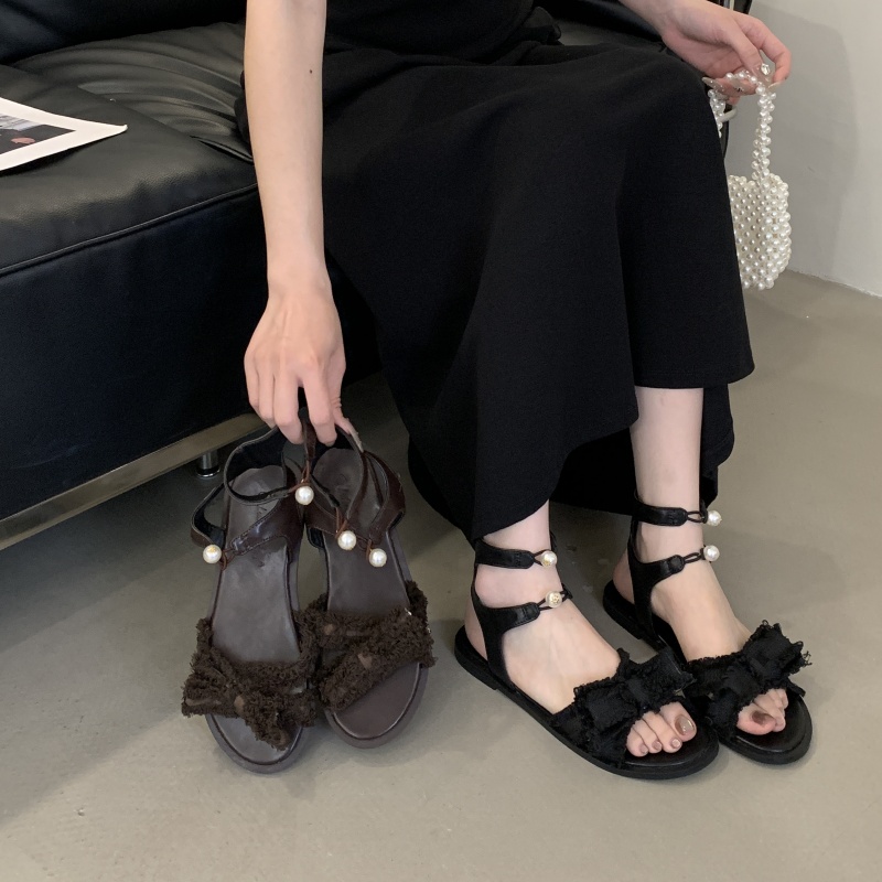 Retro Flat Sandals for Women 2026 New Summer Small Design Round Toe Bow Black Roman Shoes