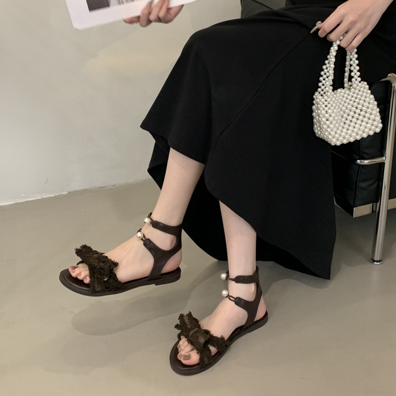 Retro Flat Sandals for Women 2026 New Summer Small Design Round Toe Bow Black Roman Shoes - Image 3
