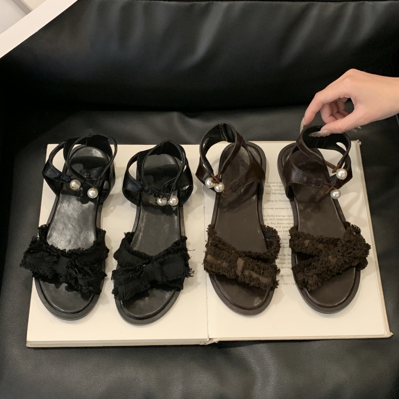 Retro Flat Sandals for Women 2026 New Summer Small Design Round Toe Bow Black Roman Shoes - Image 4
