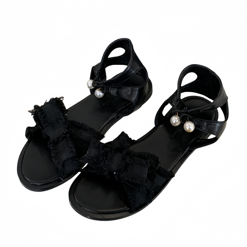 Retro Flat Sandals for Women 2026 New Summer Small Design Round Toe Bow Black Roman Shoes - Image 5